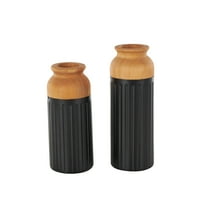 DecMode 11", 10"H Color Block Black Metal Vase with Rounded Linear Grooves and Brown Wood Tops, Set of 2