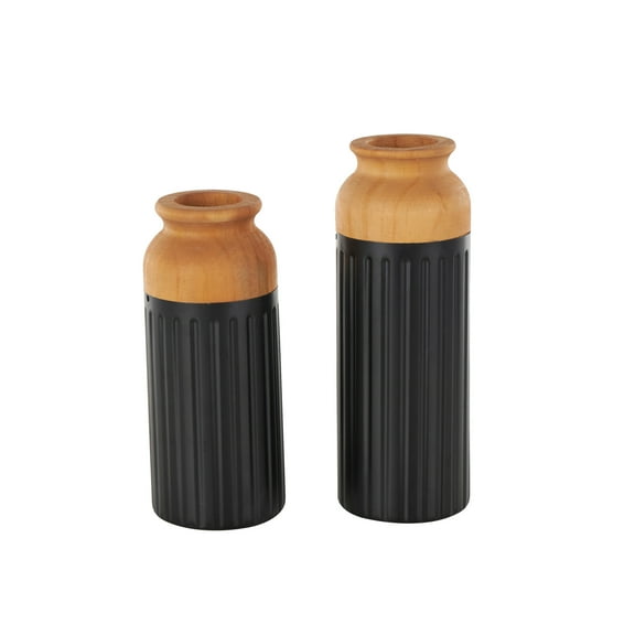 DecMode 11", 10"H Color Block Black Metal Vase with Rounded Linear Grooves and Brown Wood Tops, Set of 2