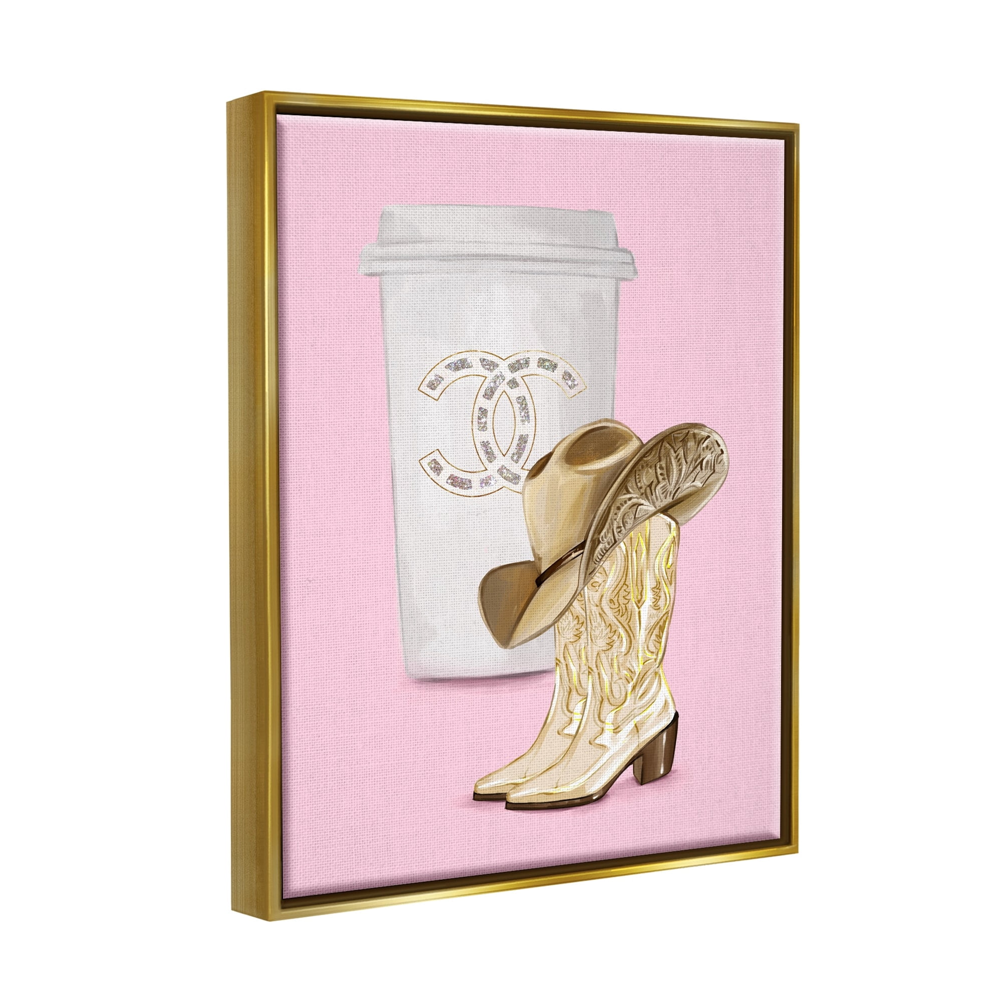 Stupell Industries Pink Glam Cowgirl Boots & Coffee Beauty & Fashion Painting Gold Floater Framed Art Print Wall Art