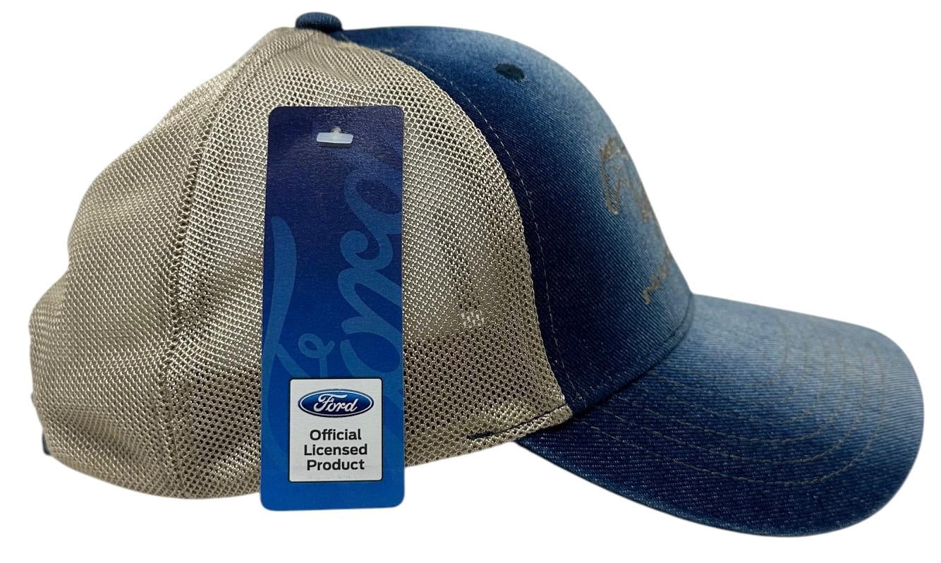 Ford Mustang Men's Hat Embroidered Logo Blue Denim Mesh Panels Adjustable Cap