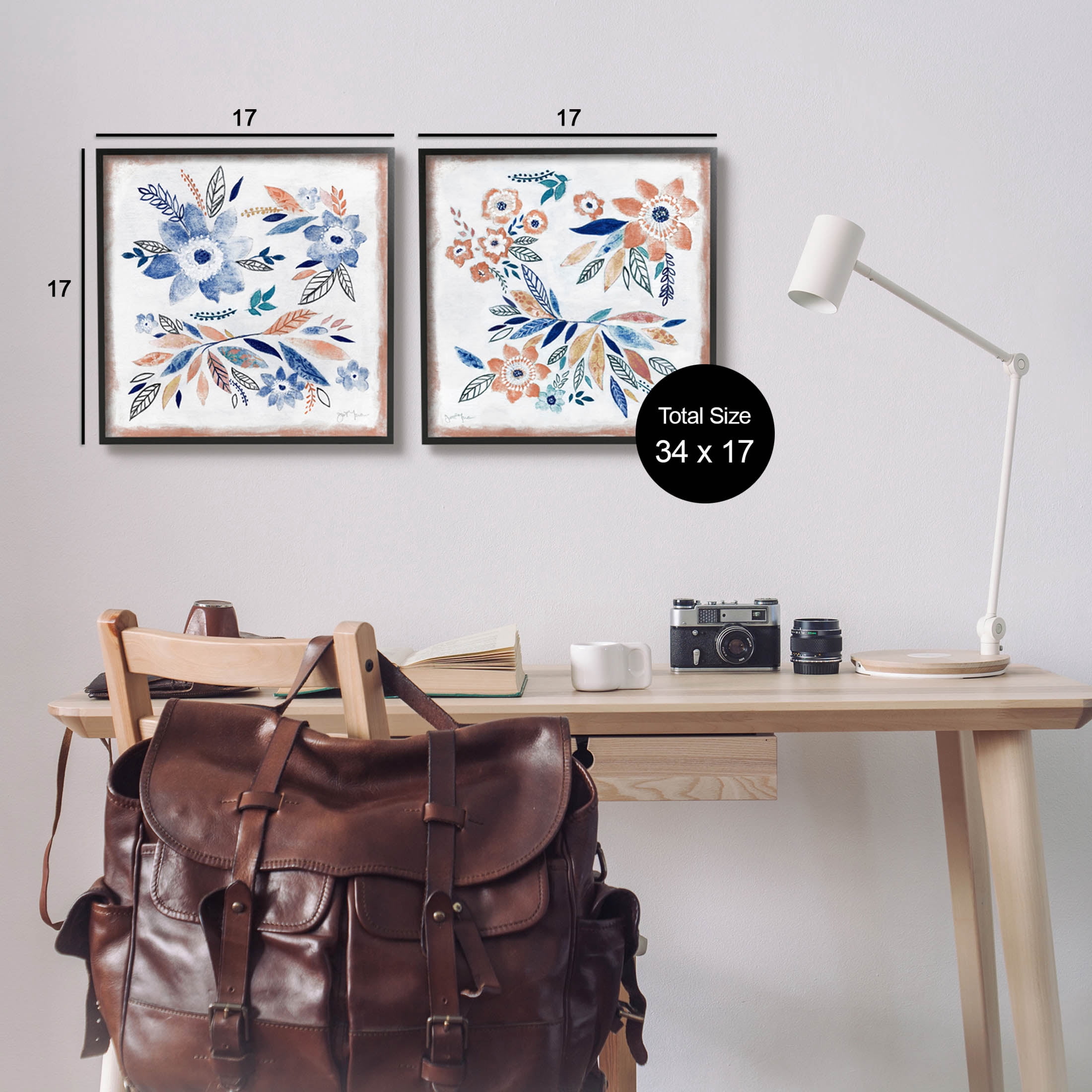 Abstract Farmhouse Flowers and Leaves Botanical & Floral Painting Black Framed Art Print Wall Art, Set of 2