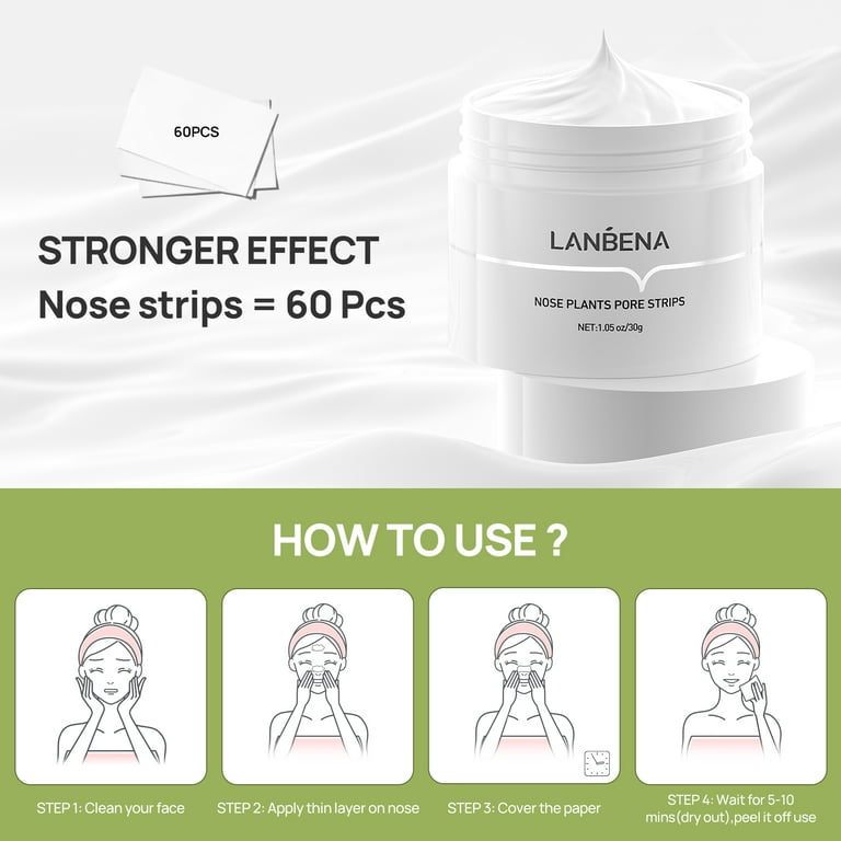 Rl Lanbena Blackhead Remover Masque nasal Pore Black Peel Off Acné + 60x  Bandes de papier Jd5