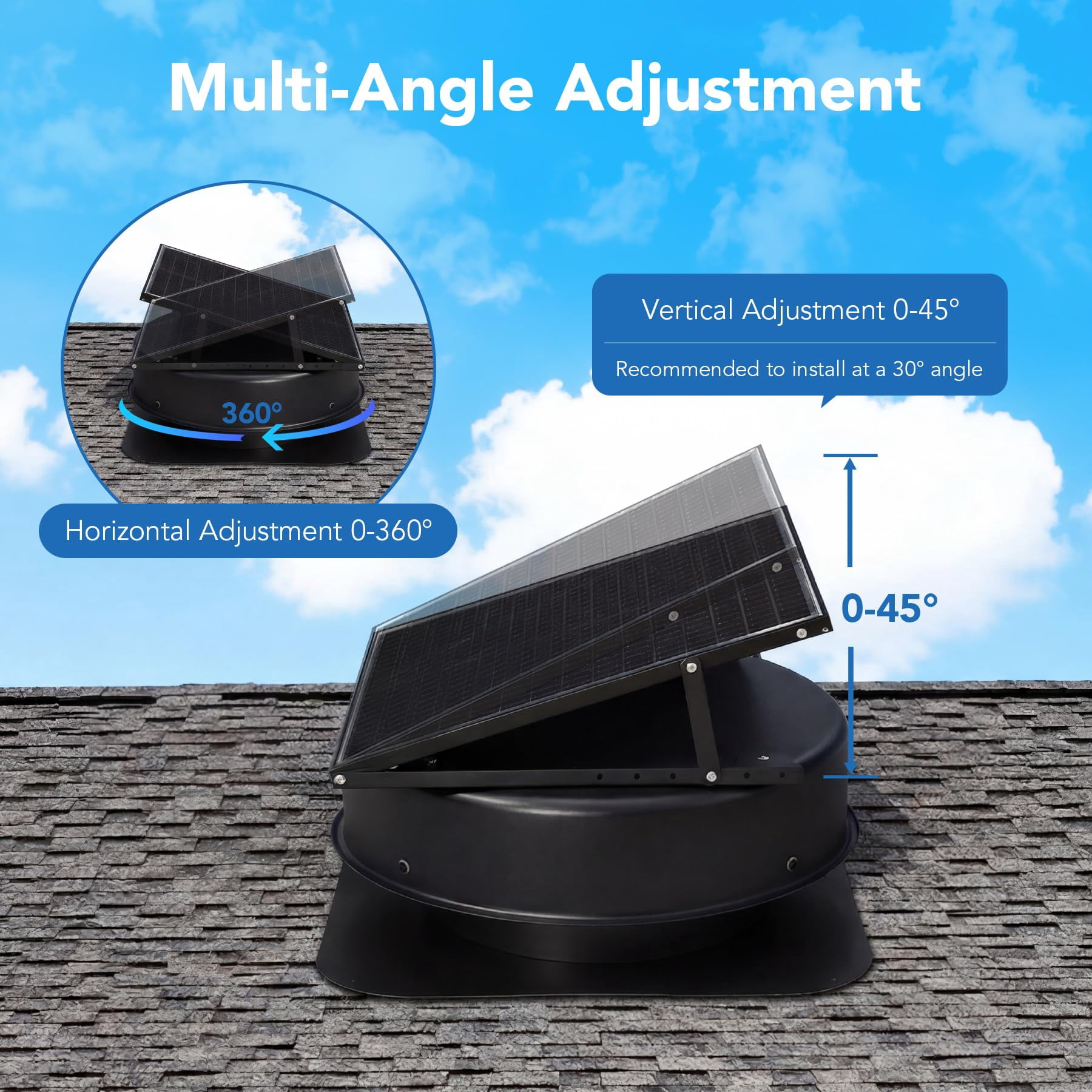 Fnova 50W Solar Attic Fan, 2500 CFM, Smart Thermostat/Humidity Sensor, Remote Control, Roof Vent for Garage Warehouse
