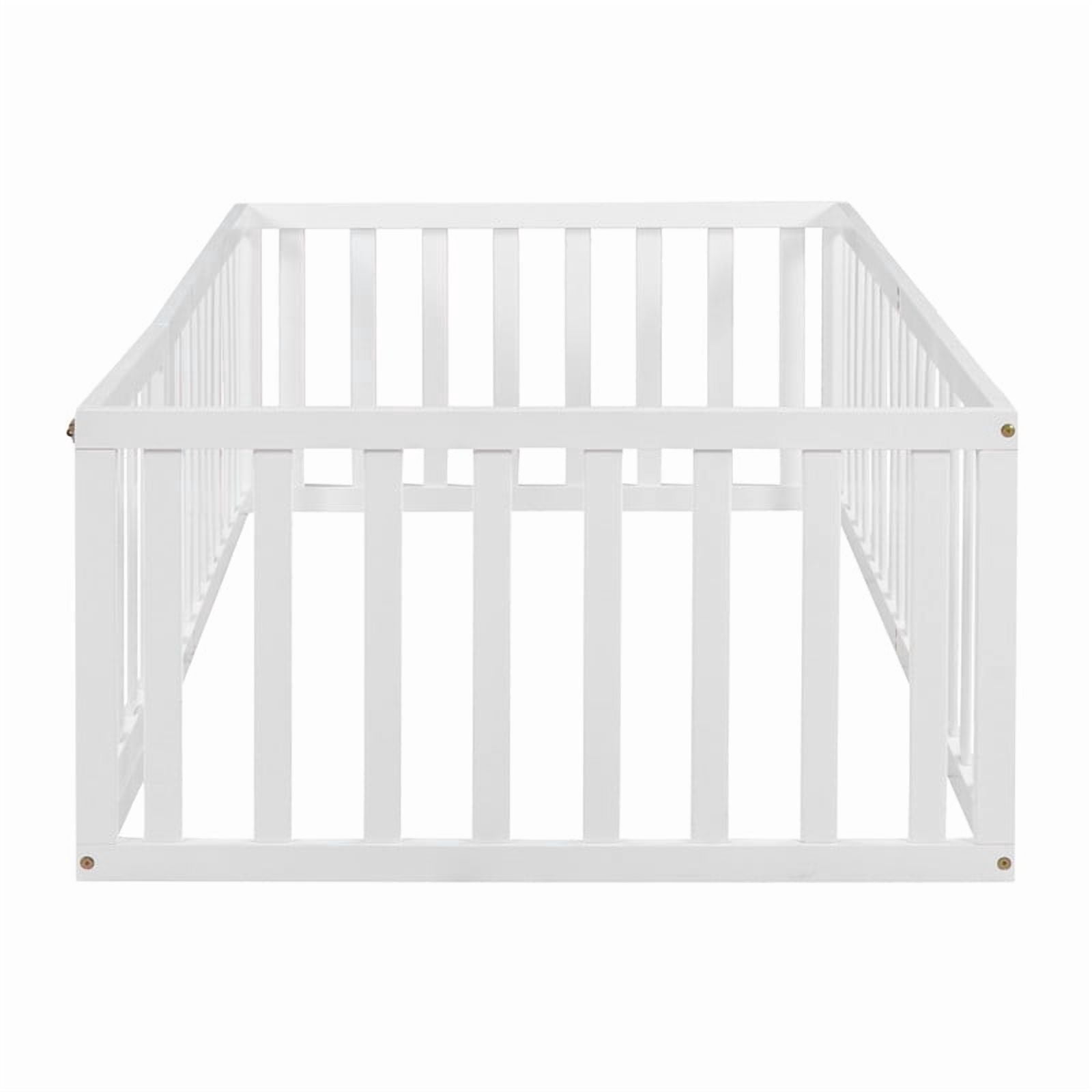 Twin Size Floor Bed Platform Bed with Fence and Door, Wood Montessori Bed Toddler Bed Playhouse Bed for Boys Girls, No Slats