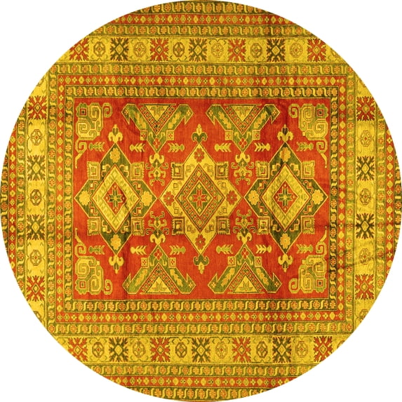 Ahgly Company Machine Washable Indoor Round Geometric Yellow Traditional Area Rugs, 8' Round
