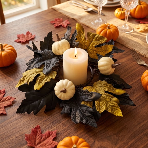 Fall Candle Ring Pumpkin Wreath Artificial Floral Candle Wreath for Thanksgiving Counter Decor Fall Centerpiece Halloween Home Ornament