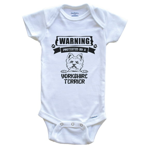 Warning Protected by a Yorkshire Terrier Funny Cute Dog Breed Baby Bodysuit, 0-3 months white