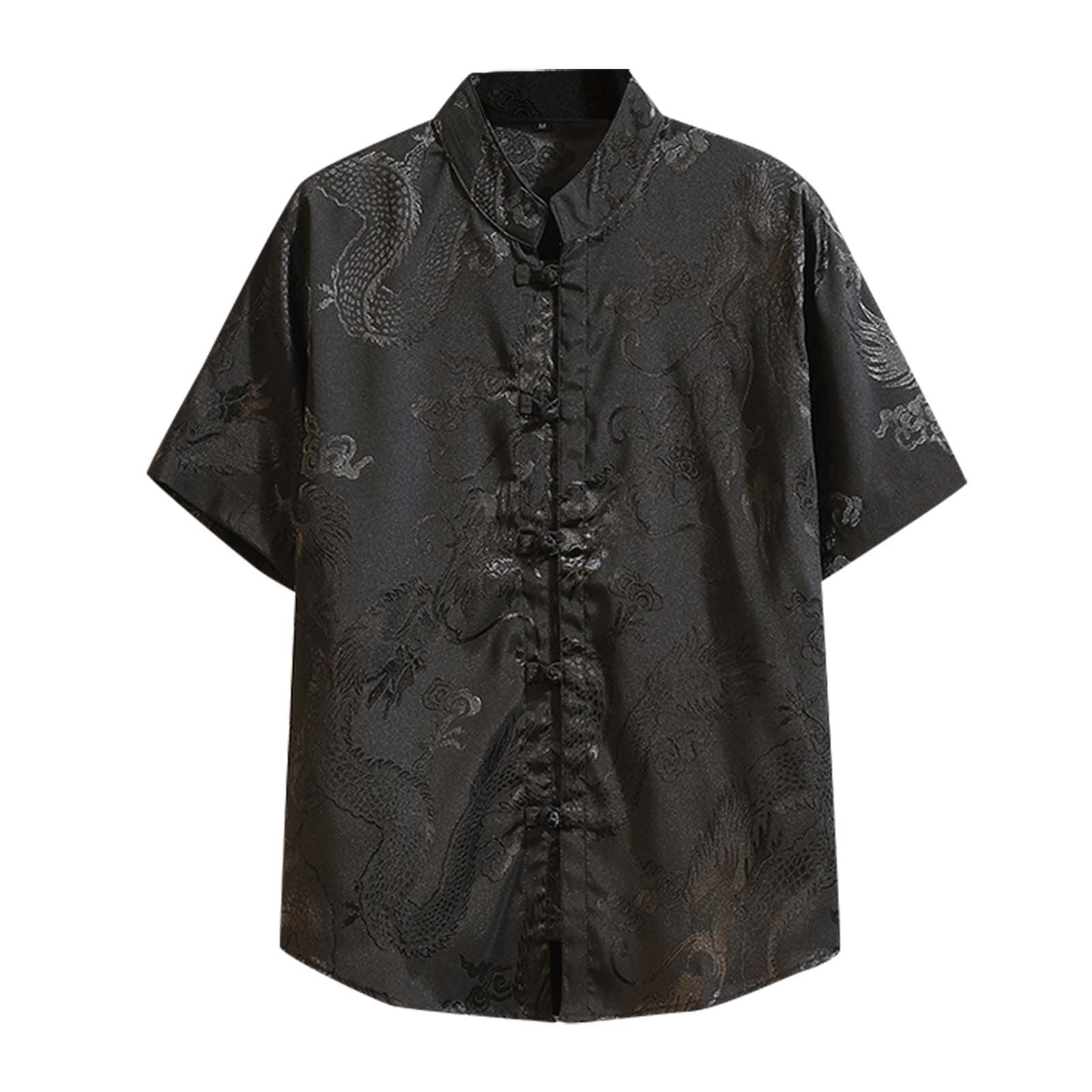 Mens Shirts Spring Summer Silk Printed Ethnic Style Retro Short Sleeve ...