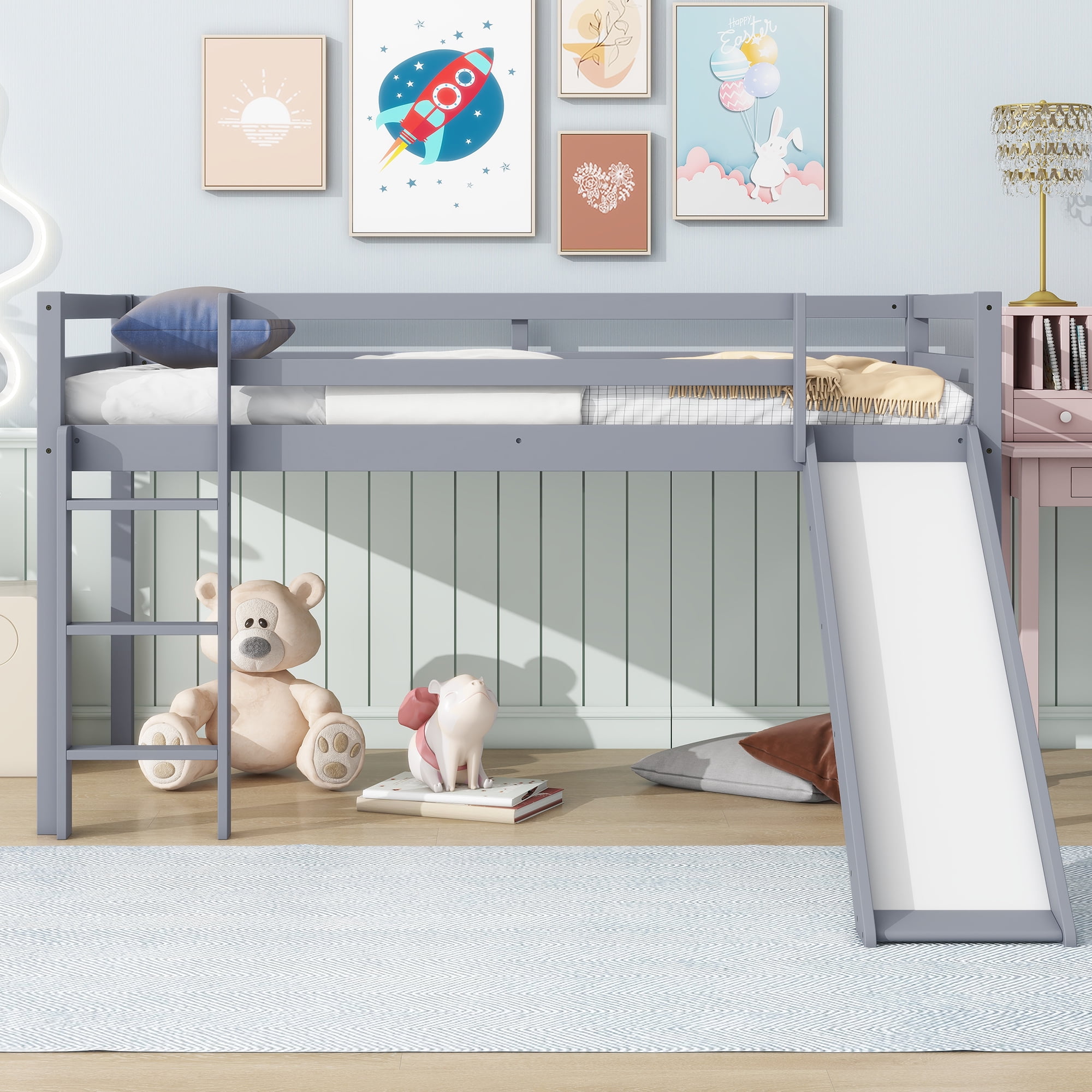 Sailvan Twin Low Loft Bed with Slide, Ladder, Safety Guardrails, Rubber Wood Twin Loft Bed