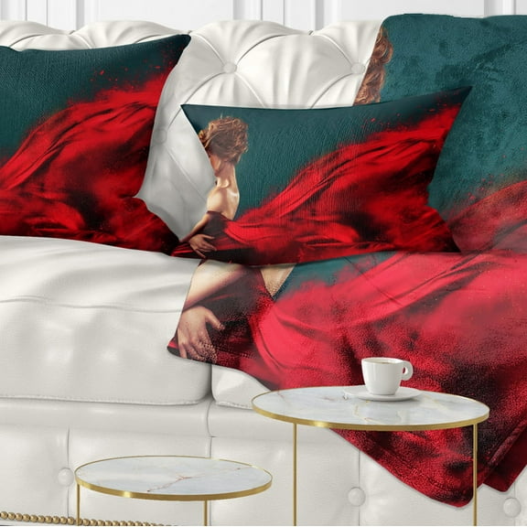 Designart Woman in Flying Red Dress - Abstract Portrait Throw Pillow - 12x20