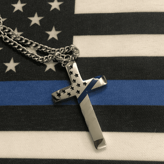 Thin Blue Line Flag Cross Necklace with 24' Steel Chain Thin Blue Line Jewelry, Gifts for Police Officers, Police Wives