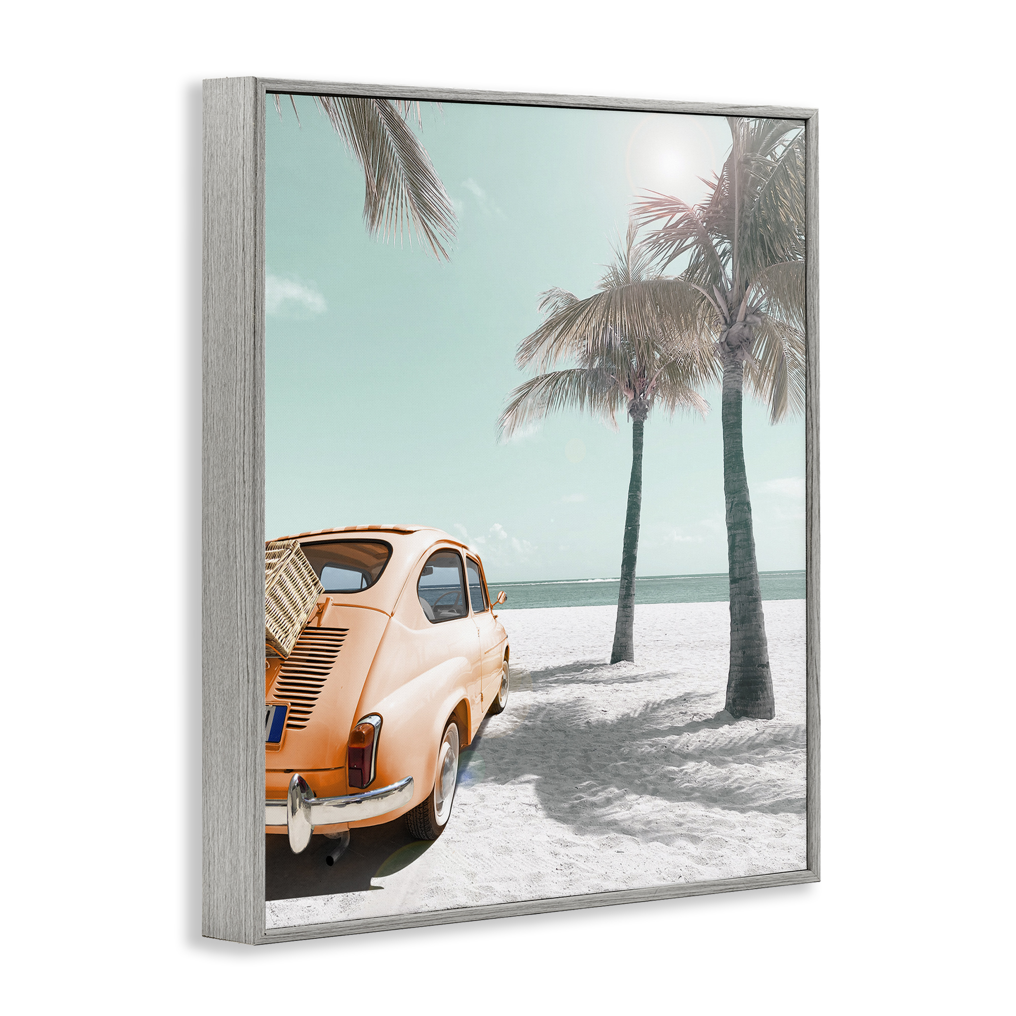 Stupell Industries Orange Car on Beach Coastal Painting Gray Framed Art Print Wall Art, 16 x 20