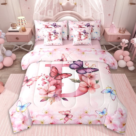 Erosebridal Girls Floral Sakura Personalized D Initial Twin Bedding Sets 7-Piece,Flowers Flying Butterflies Bedding Comforter Set For Kids,Pink Reversible,Super Cozy Room Decor