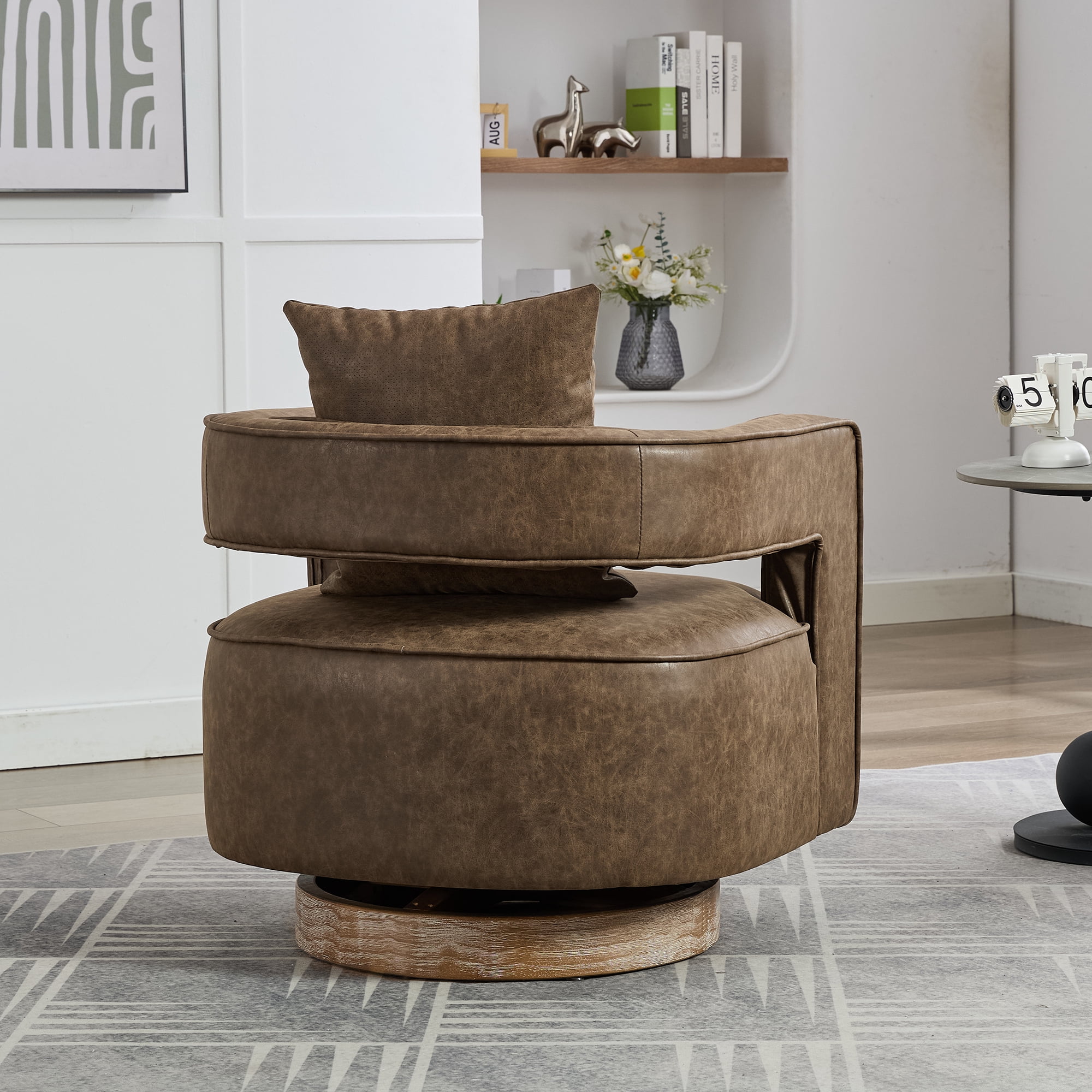 Leumius Swivel Accent Chair with Open Back,Modern Single Sofa Chair With Weathered Base for Nursery Bedroom Living Room Hotel Office, Club Chair Leisure Arm Chair for Lounge,Coffee PU