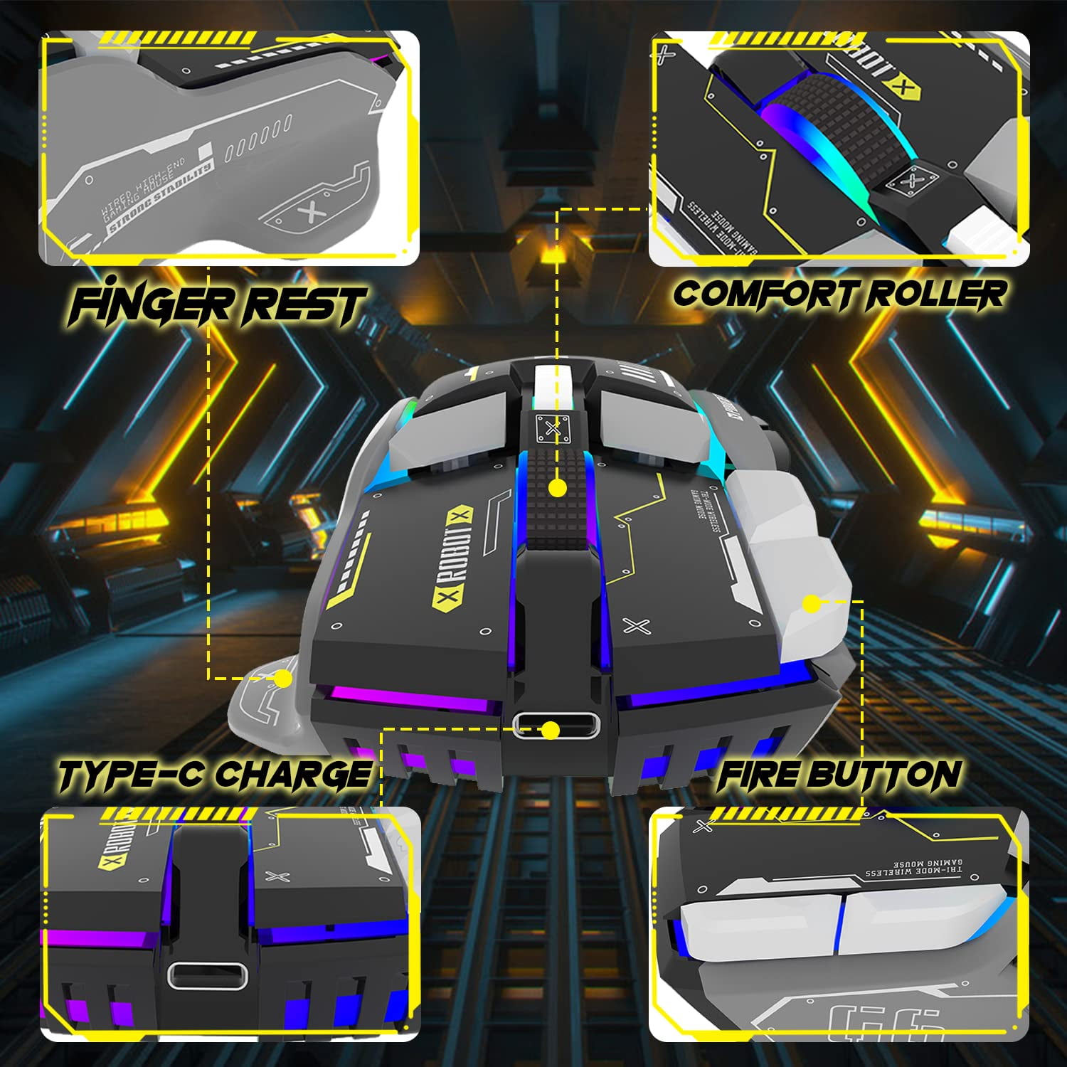 Gaming Mouse, Wired/Wireless/Bluetooth Tri Modes, 5 Adjustable DPI and 11 RGB Backlit, Rechargeable Silent Computer Gaming Mice for Windows/Android/MAC/iOS