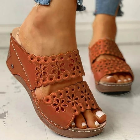 

JNGSA Mule Slippers Summer Casual Walking Shoes Slip On Wide Width Slides Sandals Embroidered Hollow Slippers Brown 39 Clearance