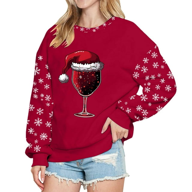 EHQJNJ Chandails en Molleton pour Femmes Col Rond Manches Longues Tops Graphiques de Noël pour Femmes Pull Col Rond Chandail en Molleton Imprimé Festif Décontracté pour Femmes Col Rond avec Poches