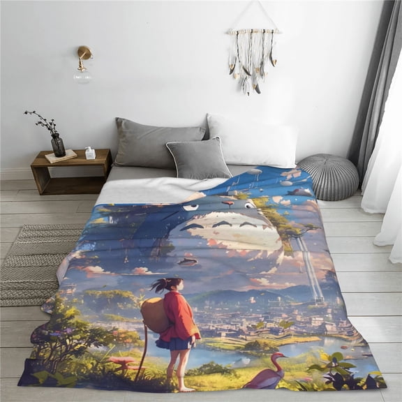 Totoro Cartoon Printing Throw Blanket, All Seasons Flannel Fleece Blanket, Soft & Warm Plush Blankets for Couch Sofa Bed Camping Travel, 40"x30"