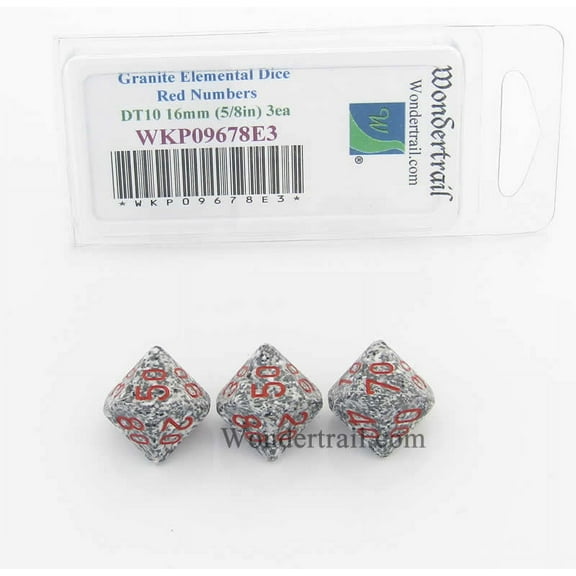 Granite Elemental Dice with Red Numbers DT10 16mm (5/8in) Pack of 3 Wondertrail