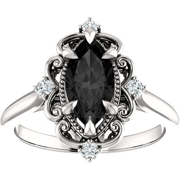 Dreamofdazzles Jewels 14K White Gold Plated 2.30 Ct Marquise Cut Black Diamond Wedding Engagement Thanksgiving Christmas Vintage Halo Ring 925 Sterling Silver For Women's -4.5