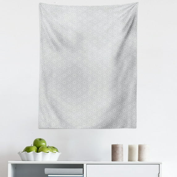 Grey Boho Tapestry, Minimal Ethnic Oriental Mesh Geometric Flowers Retro Style Repetition Grid Print, Fabric Wall Hanging Decor for Bedroom Living Room Dorm, 5 Sizes, White, by Ambesonne
