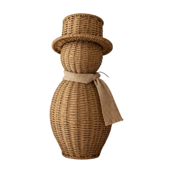 Voglyf Farmhouse Christmas Decor, 11 Inch Rustic Rattan Snowman for Indoor Outdoor, Hand‑Woven Wicker Snowman Figurine with Burlap Scarf And Top Hat, Tabletop Mantel Winter Xmas Ornament