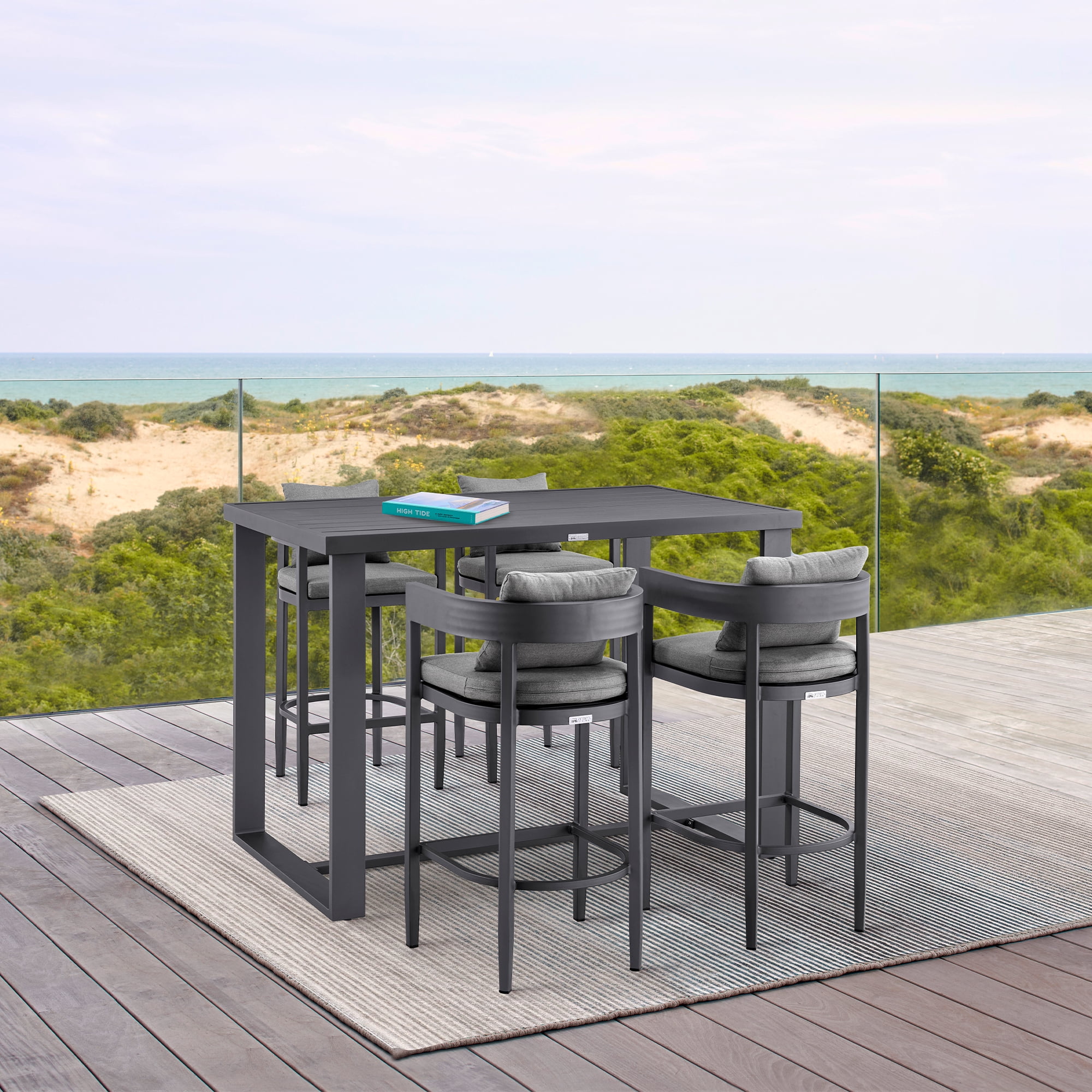 Menorca Outdoor Patio Counter Height Bar Stool in Aluminum with Gray Cushions - Set of 4
