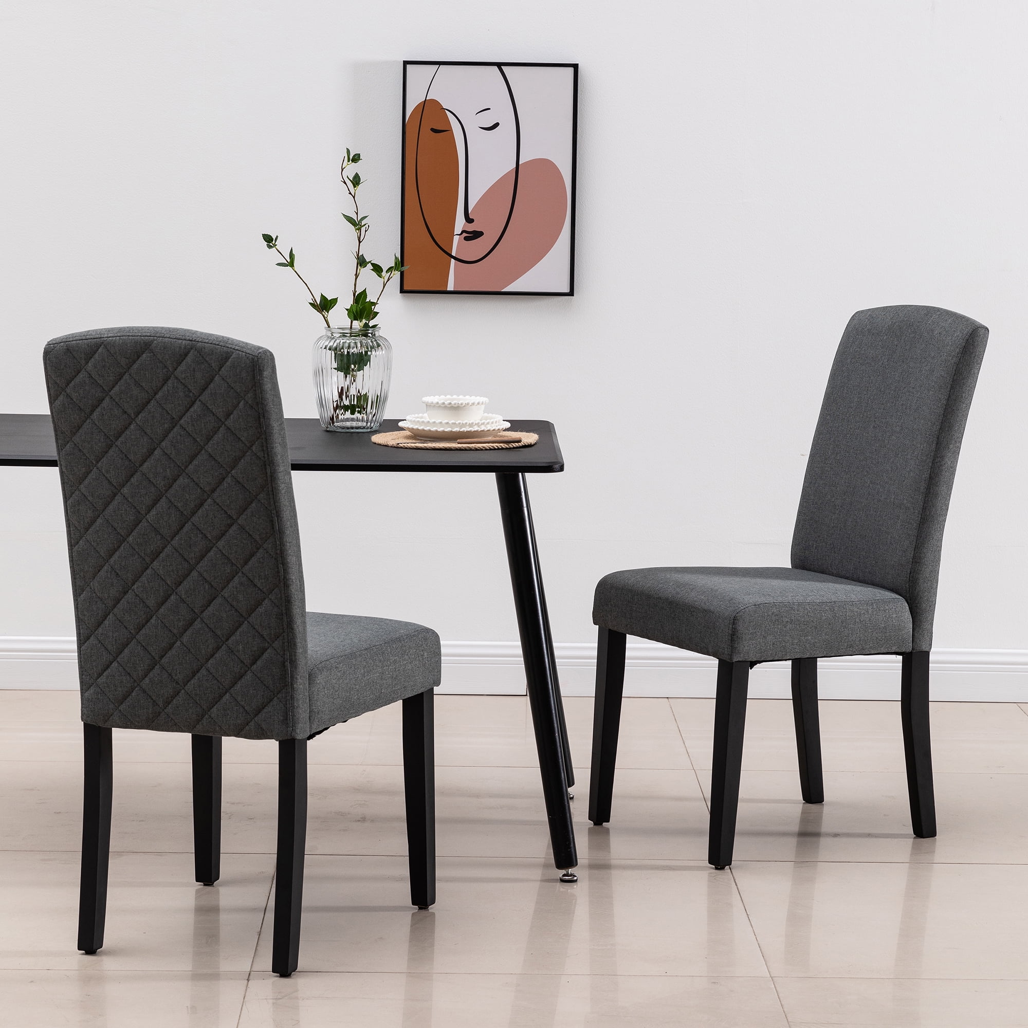 Modern 2 PC Polyester Dining Chair Set with Diamond Tufted Back and Wooden Legs, Dark Grey - AC Pacific