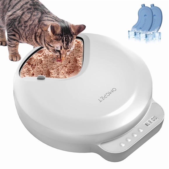 CATLK Alimentador automático para gatos con comida húmeda, 2 bolsas de hielo, 4 comidas, 8 oz, comedero automático inalámbrico para mascotas, temporizador programable, Blanco