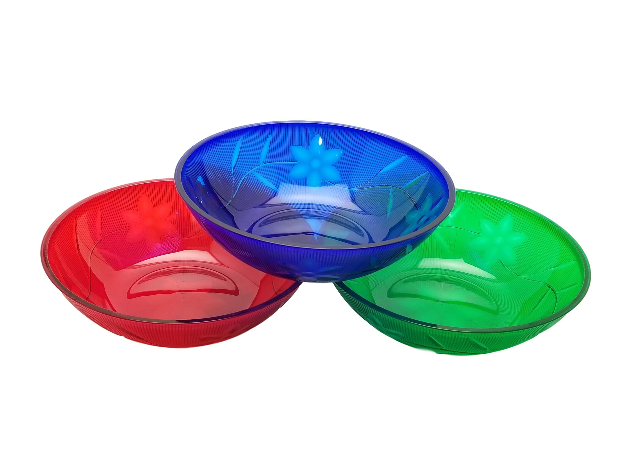 3 plastic acrylic serving bowls 64 oz / 2 qt 10" x 3.5" mix blue green