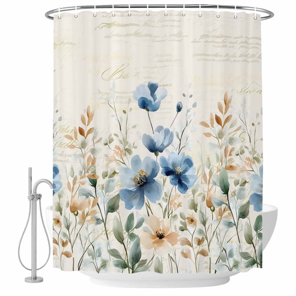 Shower Curtain Bathroom Set Pastoral Ombre Blue Flowers Waterproof Fabric Shower Curtains with Grommets&Hooks, Watercolor Botanical Herb Privacy Bath Curtain for Bathtub 36x72in