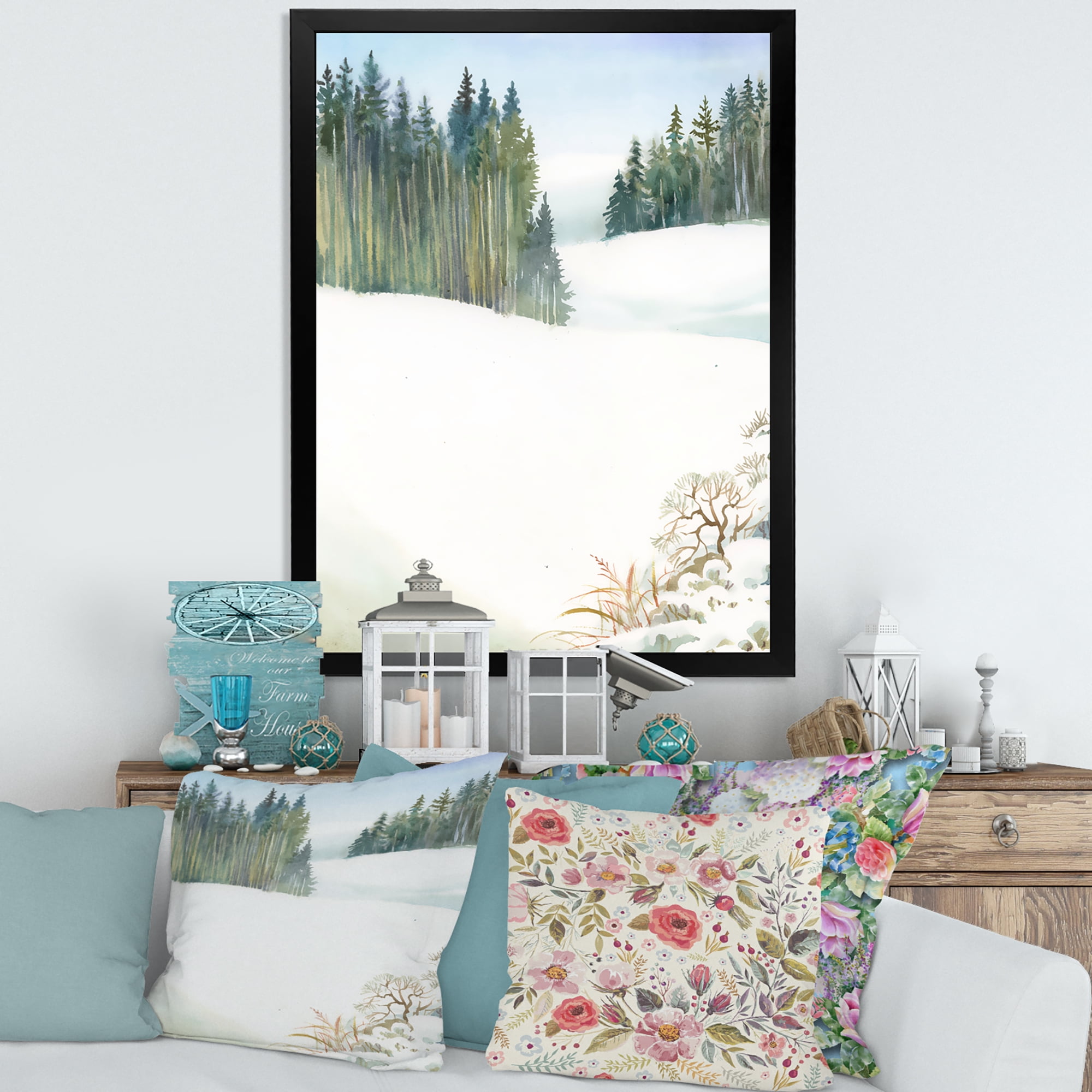 Designart 'Pine Forest In Snowy Winter Mountains' Traditional Framed Art Print