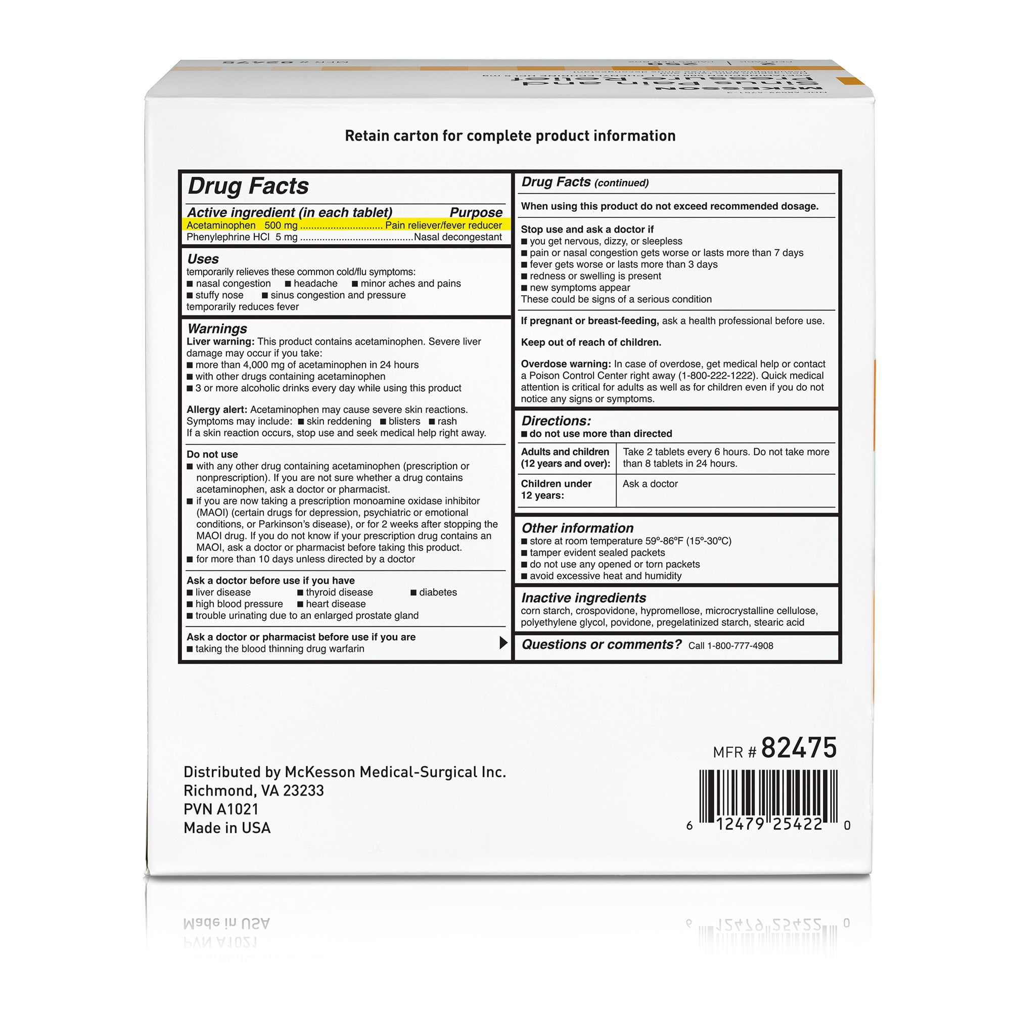 McKesson Cold and Sinus Relief Acetaminophen / Phenylephrine 500 mg Tablet, 250 Ct