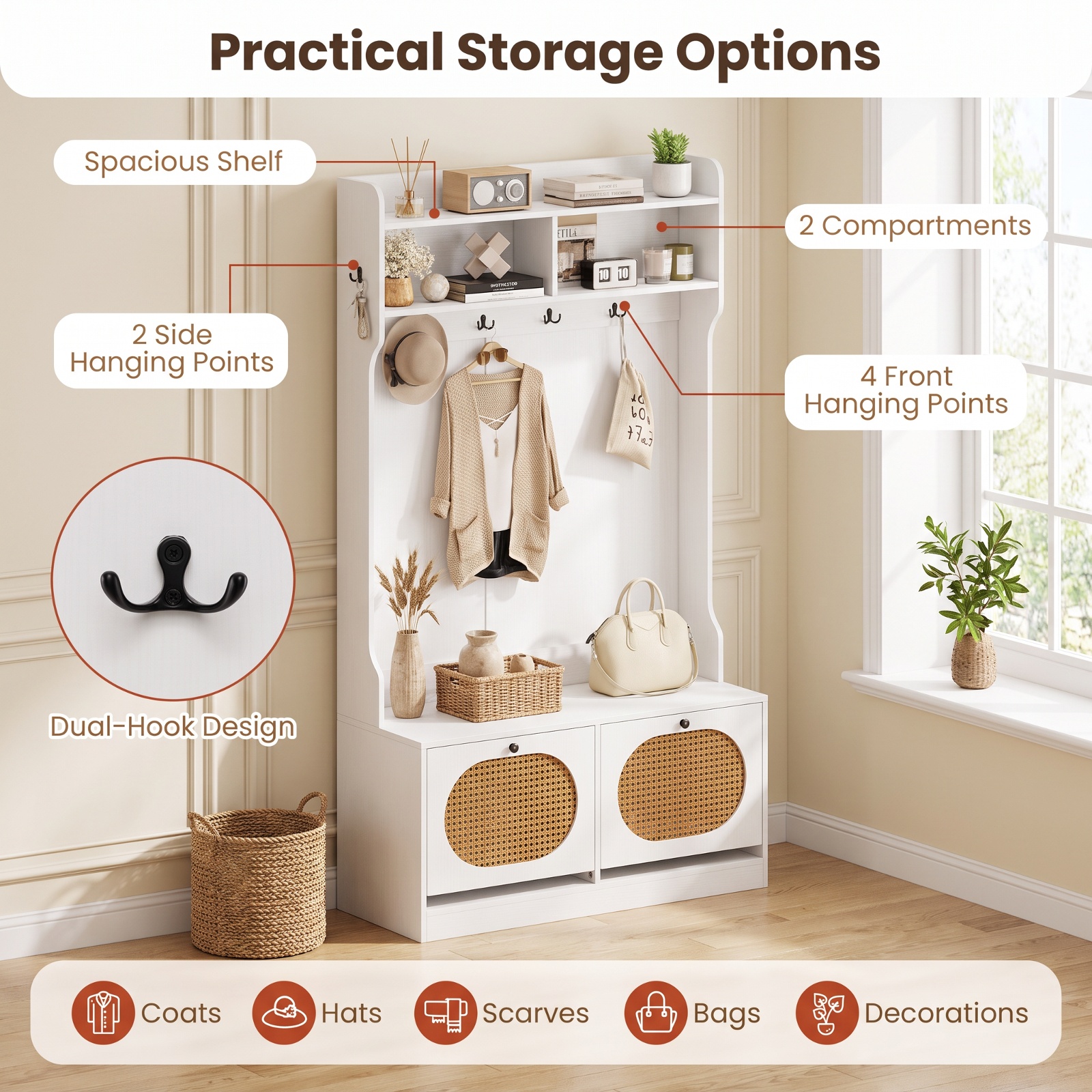 Furnibear 4 in 1 Entryway Hall Tree with Coat Rack and Flip Drawers and Storage Bench for Mudroom and Foyer and Hallway, White