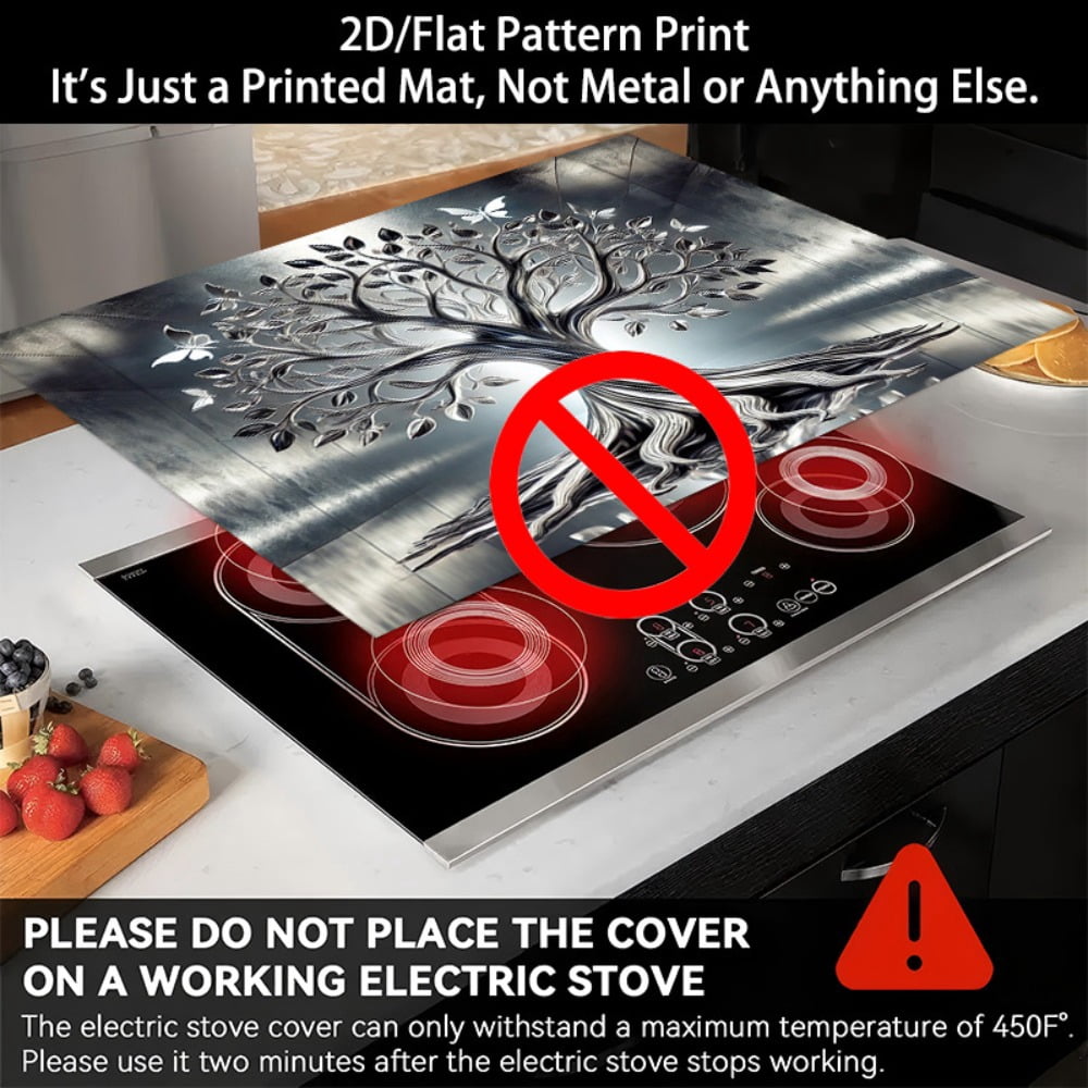1 2D/flat stove cover protection pad, with a silver-black butterfly decorative tree pattern design, 28.3x20.5 inches (72×52cm), easy to clean, perfectly suitable for any kitchen, washing machine, dry