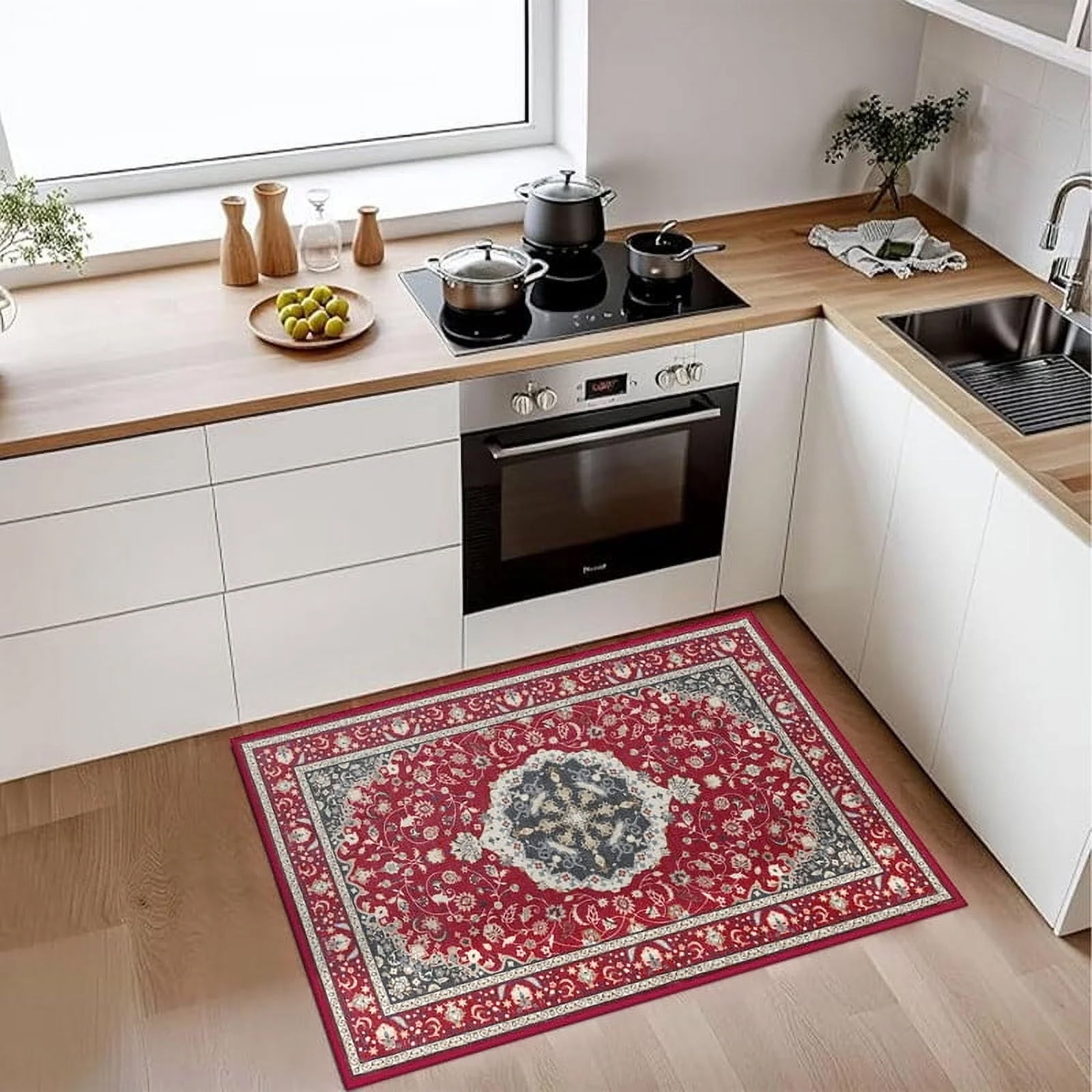 Jamfeel Washable Area Rugs 2x3 Door Mat Entryway Vintage Floral Low Pile Rug Entrance Carpet for Living Room Kitchen, Red