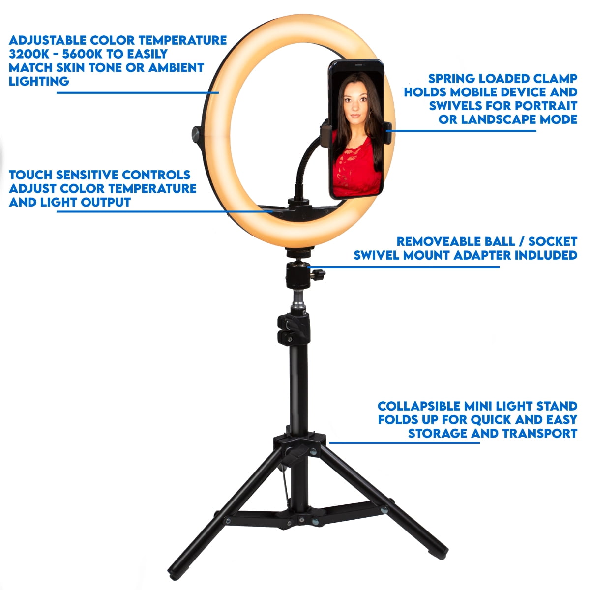 Dracast Halo Plus Series LED100 | Bi-Color 2700K - 5600K | Compact Foldable LED Video Ring Light | Mini Stand Kit