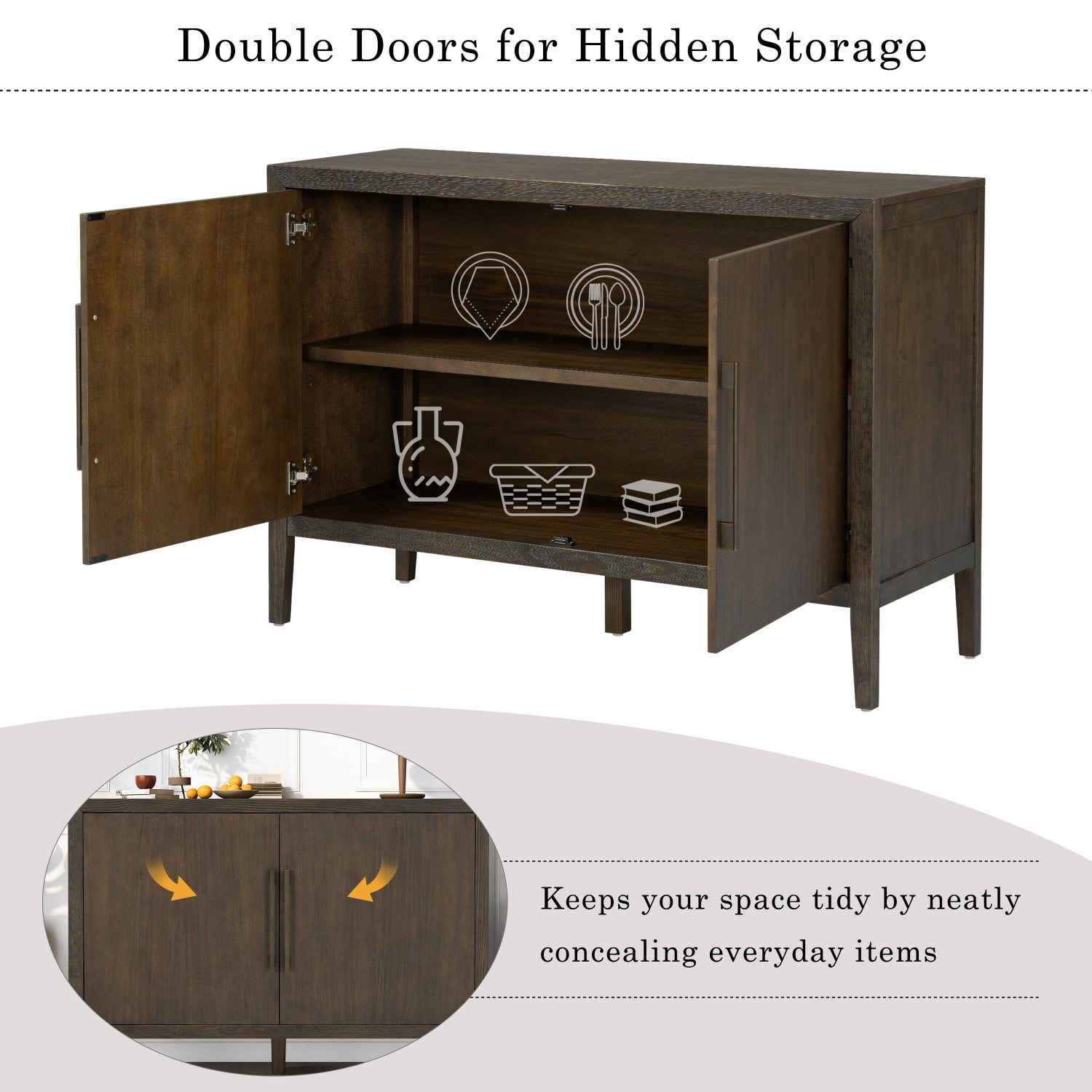 47.25" Farmhouse Sideboard Buffet Cabinet with Storage, 2 Door Wooden Coffee Bar Cabinet with Pine Veneer and Metal Handles for Kitchen, Living Room, Entryway, Dark Brown