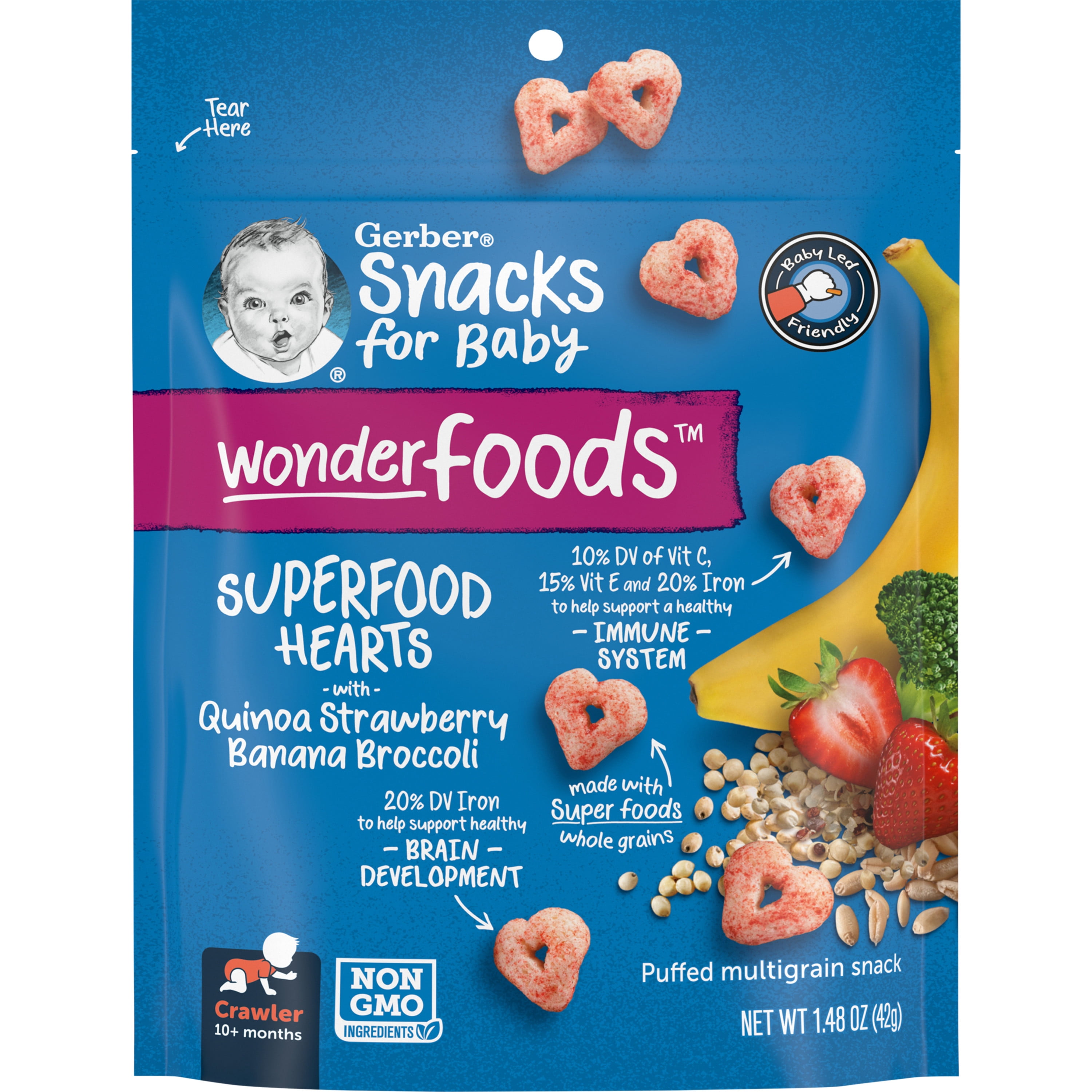 Gerber SuperFoods Hearts Quinoa Banana Strawberry Broccoli Baby Snacks, 1.48 oz Bag