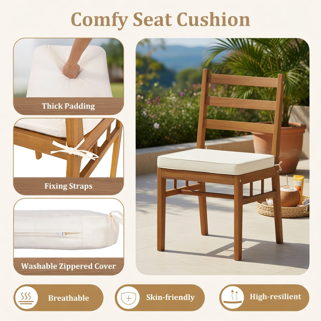 Hommoo Set of 4 Outdoor Acacia Wood Dining Chairs with Removable Polyester Cushions, Heavy-Duty H-Frame, White