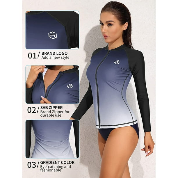 Women 4 Piece Rash Guard Long Sleeve Zipper Bathing Suit Tops