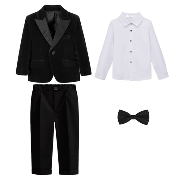 CUZIBR Christmas Outfit For Kids Boys Formal Suits Four Piece Shirt Tuxedo Gentlemen Solid Color Jacket Shirts Trousers Bowtie Wedding Party Activist Dress Wear Cute Winter Outfits,Black,2-3 Years
