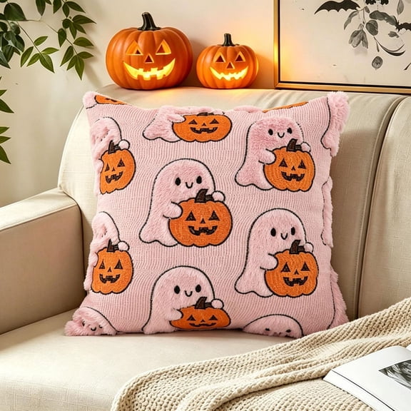 Halloween Ghost Pumpkin Pillow Covers 18x18 inch 1pc,Pink Tufted Fuzzy Cozy Knit Cute Spooky Pattern Soft Plush Accent Throw Pillow Cases,Sofa Cushion Cover Festive Decor for Couch Chair Bed