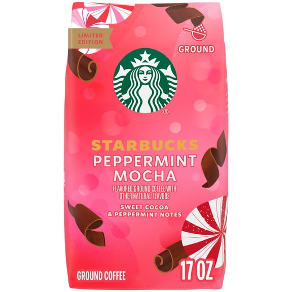 Starbucks Peppermint Mocha Flavored Ground Coffee, Limited Edition, Light Roast Arabica Coffee 1.063 lb.