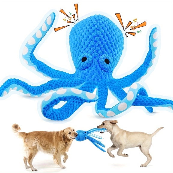 TVYTYAT Giant Octopus Plush Dog Toy - Large Blue Squeaky Chew Toy for Aggressive Chewers, Durable Stuffed Animal with Musical Notes Design