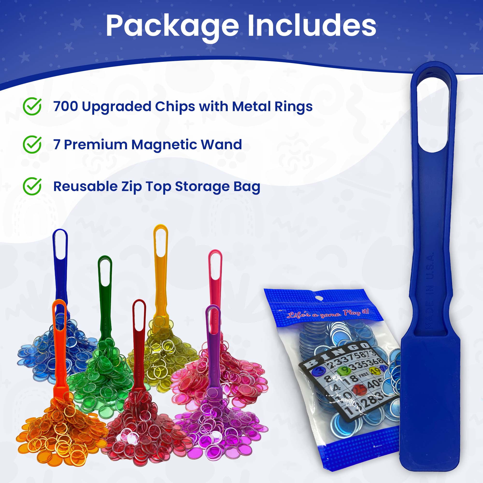 MR CHIPS 7 Magnetic Wands, 7 Bags of 100 Magnetic Bingo Chips, 7 Colors, Ages 6+