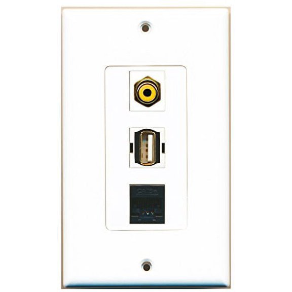 RiteAV - 1 Port RCA Yellow and 1 Port USB A-A and 1 Port Cat5e Ethernet Black Decorative Wall Plate Decorative
