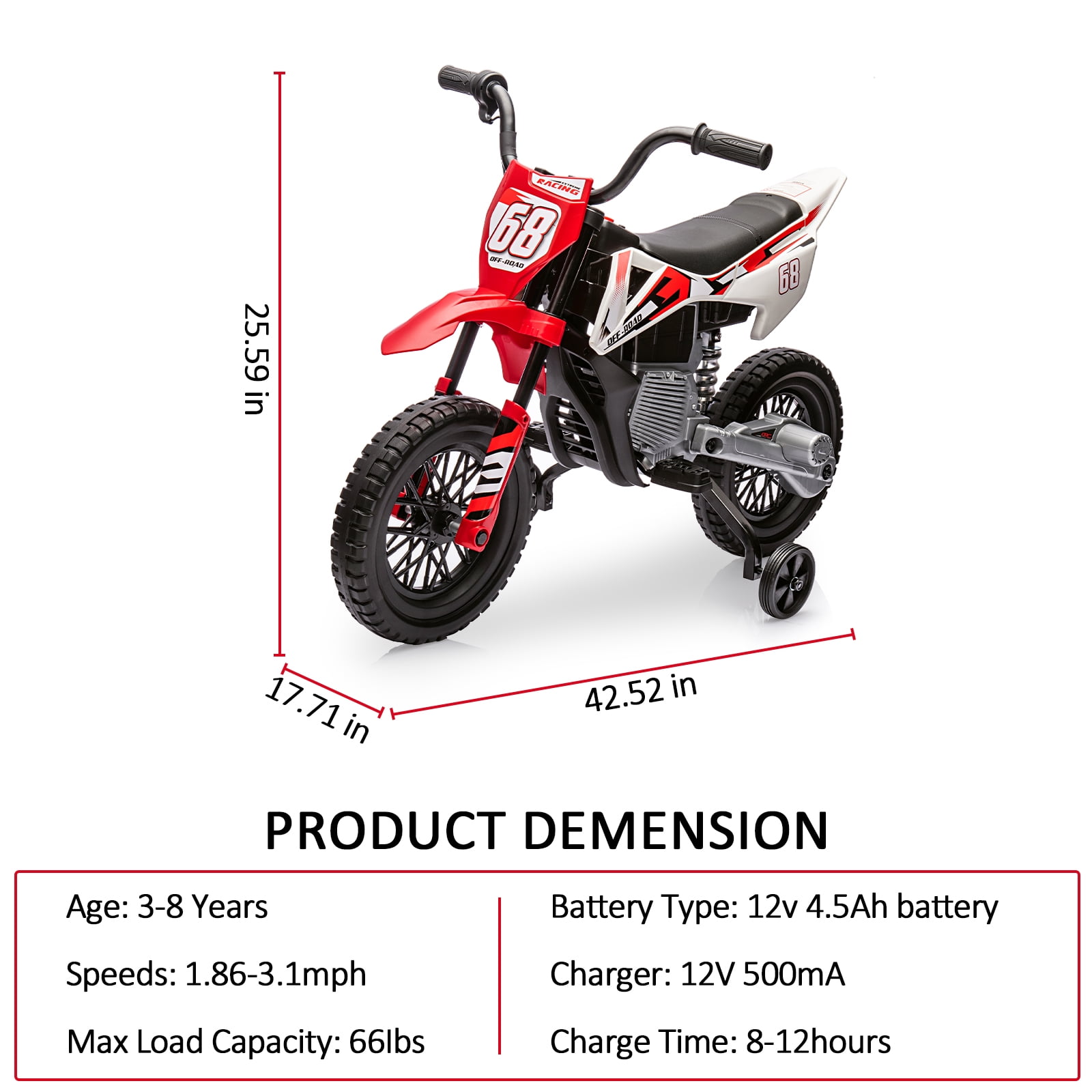 CazToi 12V Kids 3Mph Electric Motorcycle with Training Wheels & Bluetooth Music  for Ages 3-8 Years Old