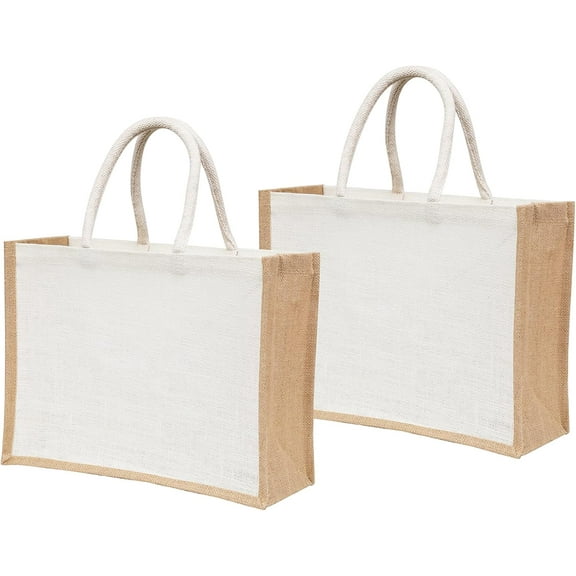 Pack of 2 White Jute Burlap Tote Bags with Handles, Natural Eco-Friendly Reusable Grocery and Return Gifts Bag, Totes for Bridesmaids, Yogi's Gift®