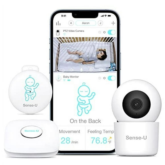 Sense-U Smart Baby Monitor 3+caméra, Audio, Vidéo Baby Monitor Qui Vous Avertit Sans Mouvement Abdominal, Renversement, Hautes/basse Températures, Mouvement Détecté, avec Vision Nocturne, Conversation Bidirectionnelle